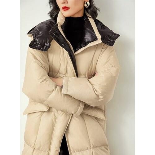 New Winter Womens Down Jacket Fashion Slim Over-the-knee White Duck Down Hooded Jacket Female Outdoor Leisure Mid-length Jacket