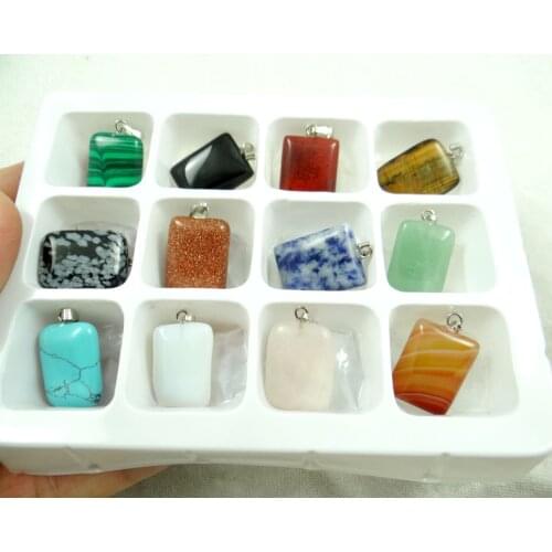 Wholesale 12PC/lot Natural Stone Pendants Mixed stone Gem square pendant necklace Beads