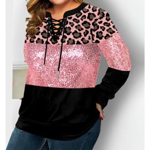 2021 Autumn Sequin Panel Lace Up Leopard Sweatshirt Women Floral Print Casual V-Neck Long Sleeve Thick Top S-5XL Oversize
