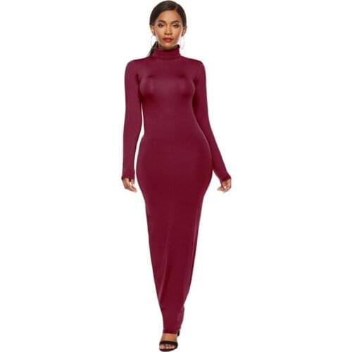 2021 Autumn Women Solid Casual All-match Slim Package Hip Maxi Dress Long Sleeve Sexy Turtleneck Stretchy Long Dress Plus Size