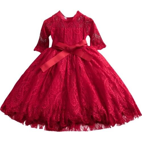 Christmas Girls Lace Embroidery Princess Dress Kids Winter Long Sleeve Dresses Bow Tutu Vestidos Children New Year Party Costume
