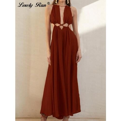 Sexy Women Lace Up Long Dress Patchwork Sleeveless Pleated Backless Hollow Out Female Dresses High Waist Ladies Party Vestidos