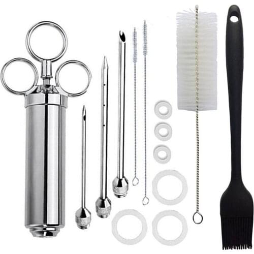 Stainless Steel Meat Injector Syringe Kit with 3 Flavor Food Injector Syringe Meat Needles, Injection Brine Marinades for Meat