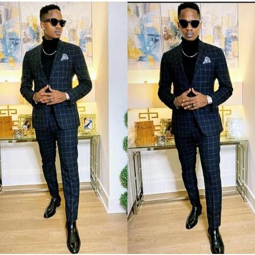 Navy Check Wedding Tuxedos Notched Lapel Slim Fit One Button Groom Wear Formal Party Prom Men Suit Blazer (Jacket+Pants)