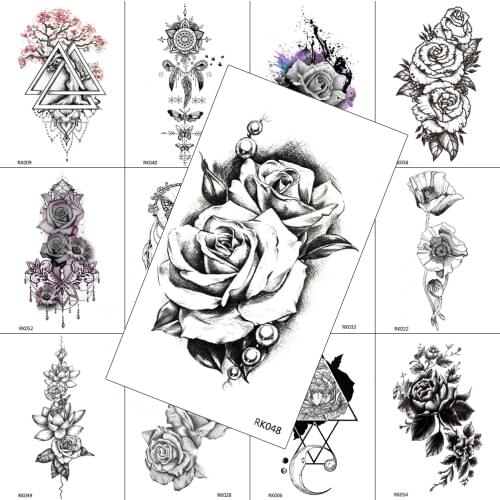 DIY Pencil Sketch Black Flower Temporary Tattoos Sticker For Women Waterproof Tattoo Fake Body Art Arm Tatoos Minimalist Tattoo