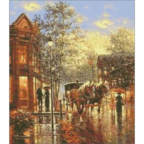 Top Quality Counted Lovely Cute Cross Stitch Kit Sunset Rain Raining Street Evening Horse Carriage
