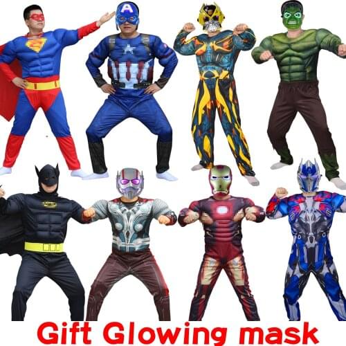 Adult Super Heroes Muscle Captain Kids Costume Glowing Mask Child Thor Cosplay Men Halloween Clothes For Boys Christmas