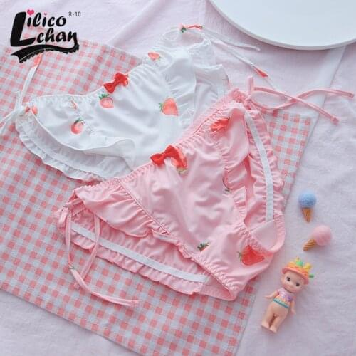 Japanese Sweet Kawaii Underwear Strawberry Print Womens Mid-Waist Panties Super Soft Milk Silk Cute Girly Lace-Up Briefs