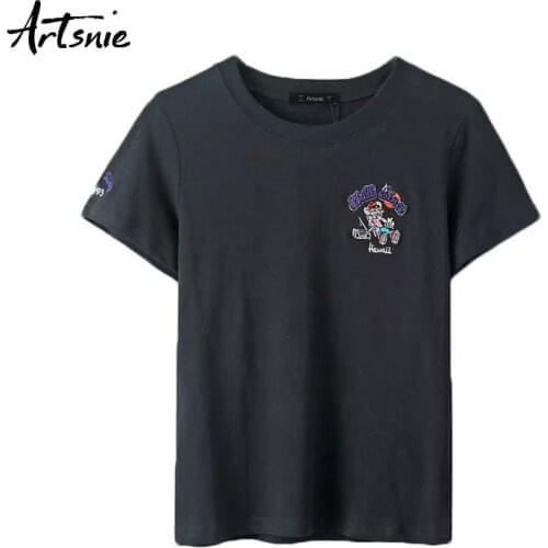 Artsnie disney cartoon embroidery women t shirt summer o neck short sleeve tops femme streetwear casual black t-shirt mujer