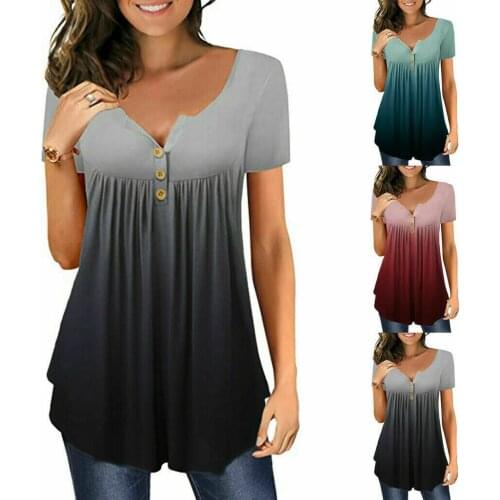 Women Summer Short Sleeve Tunic T Shirt V Neck Gradient Loose Casual Tops Blouse