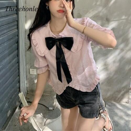 Summer Korean Preppy Women Blouse Shirt Sweet Peter Pan Collar Bow Cute Puff Sleeve Single-breasted Kawaii Pink Plaid Shirt