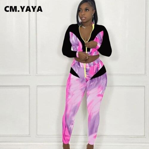 CM.YAYA Women Tracksuit Print Patchwork Zip Crop Tops + Pencil Pants Two 2 Piece Sets Casual Outfits Fitness Sportswear Autumn