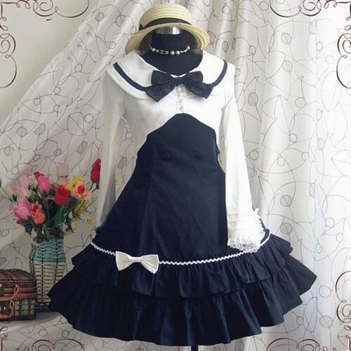 Spring summer women lolita dress cotton Casual shirt dress for girls Lovely Navy sailor College Slim two pieces party dresses