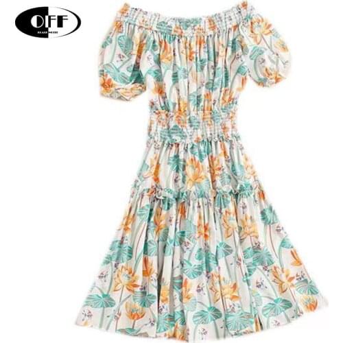 Ddesigner Beach Boho Mini Dresses For Women Elegant Slash Neck Vintage Floral Printed High Elastic Waist Casual Holiday Dress ZA