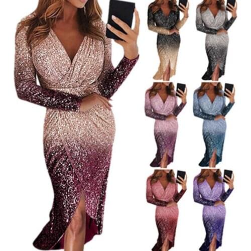 Sexy Women Deep V Neck Gradient Color Front Wrapped Hem Shiny Sequins Midi Dress V Neck Gradient Color Front Sequins Midi Dress
