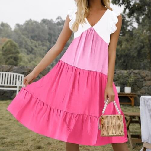2021 Summer Fashion Sleeveless Womens Dress Casual Sweet Pink Color Matching O Neck A Line Loose Ladies Mini Dresses
