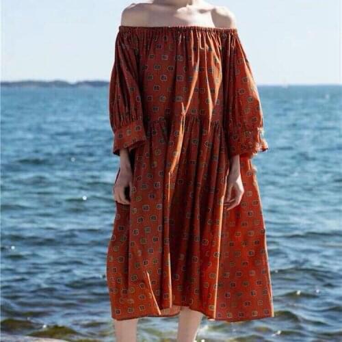 Women Dress Northern Europe Yellow/rust Print Printing Off-shoulder Oversized Midi Loose Dress