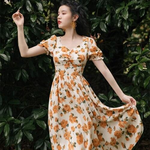 Dresses for women 2021 Bohemian Floral Dress Puff Sleeve Chiffon Elegant Square Collar French Retro Dress Vestido