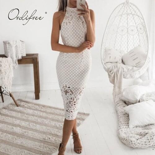 Ordifree 2021 Summer Women White Party Dress Sleeveless Off Shoulder Hollow Out Lace Sexy Bodycon Pencil Dresses