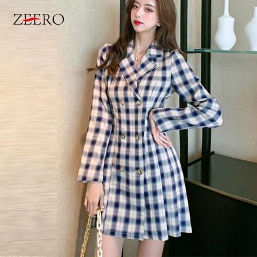 Autumn Winter Korean Version Vintage Plaid Blazer Dresses Woman Lapel Double-breasted Long Sleeve Slim Pleated A-Line Dress 2020