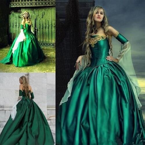 2021 Gothic Wedding Dresses Strapless Halloween Bridal Gowns Long Sleeves Floor Length Corset Back Satin Hunt Green Embroidery