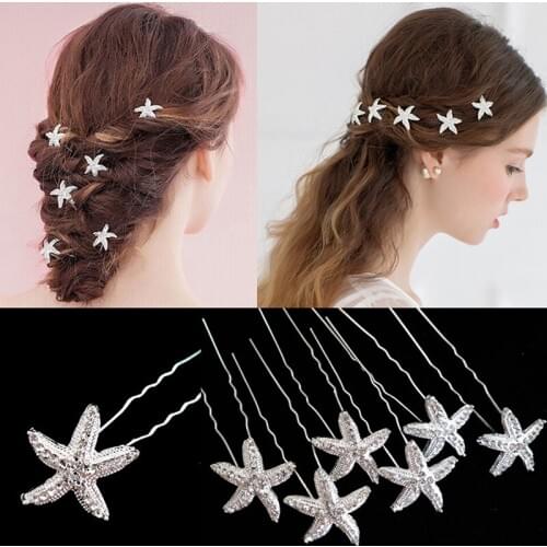 White 6 Sets Shiny Wedding Hairpin Starfish Rhinestone Pearl U-shaped Bun Bride Stick Queen Jewelry Ornament Hair Fork Accessory