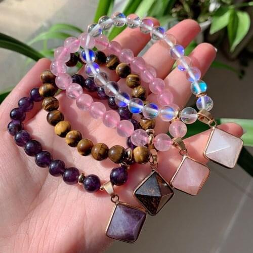 Reiki Healing Pyramid Charm Natural Quartz Amethysts Tiger Eye Stone Pink Crystal Beaded Strand Bracelets Female Friend Gift