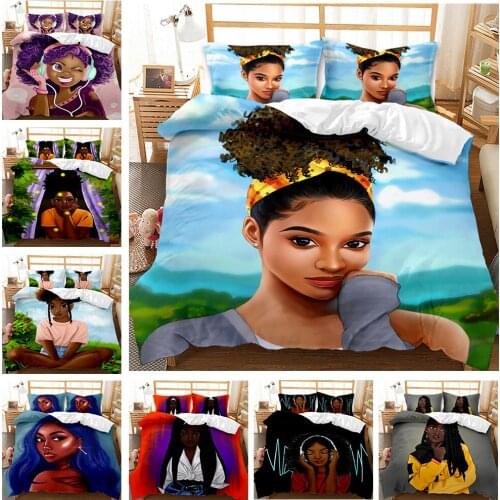 Black Girl Bedding Sets Cute Cartoon Print Duvet Cover Character Quilt Cover Queen King Size Comforter Cover Home Textiles
