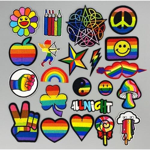 Color flower smiley love heart Rainbow Iron Patches For Clothing Embroidered Patches For Jackets Fabric Patch Stripe On Badg