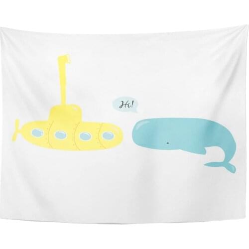 Tapestry Baby Funny Yellow Submarine with The Periscope and Cute Blue Whale in Flat Design Bathyscaphe Big Tapestries Wall