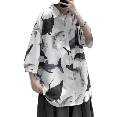 Summer Cartoon Shark Print Men Shirt Hawaiian Beach Casual Loose Shirts Tops Male Short Sleeve Oversized Punk Style Streetwear