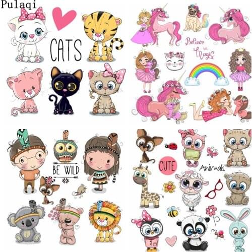 Pulaqi Cute Animals Patch Vinyl Heat Transfer Patches for Clothes Stickers Iron on Transfer Applique on Clothes T Shirt Stripes