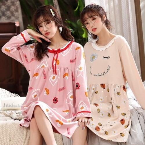 2020 New Autumn Long Sleeve Cotton Nightgowns for Women Korean Sleepwear Night Gown Girls Cute Lace Home Dress Nightdress Nighty