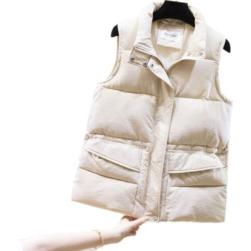 Solid Short Style Vest for Women Cotton Padded Plus Size Womens Winter Sleeveless Jacket with Zipper Stand Collar Casual Coats