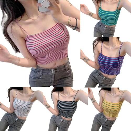 Sexy Women Stripe Elastic Sleeveless Spaghetti Strap Camisole Crop Top Vest