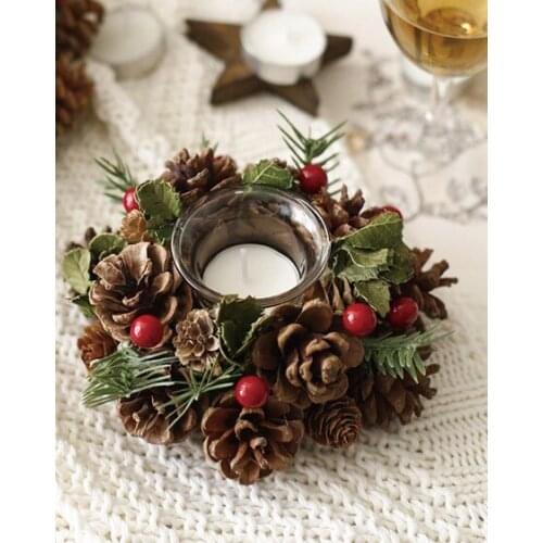 Home Party Candle Holders Red Berries Pine Cones Candle-Holder Xmas Tabletop Decor Winter Table Centerpiece