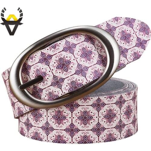 Genuine leather belts for women Fashion printing floral cow skin belt woman Quality Pin buckle female strap width 3.5 cm Purple