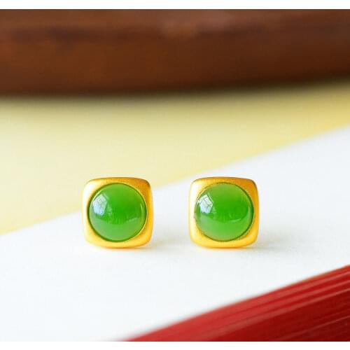 S925 Sterling Silver Inlaid Hetian Jade Stud Earrings Russian Spinach Green Square Stud Earrings Style Classic All-Match Women