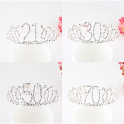 Silver Metal Crown Headband 30th 40th 50th 60th Tiara Crown Crystal Rhinestone for Birthday Party Supplies Party Decoration