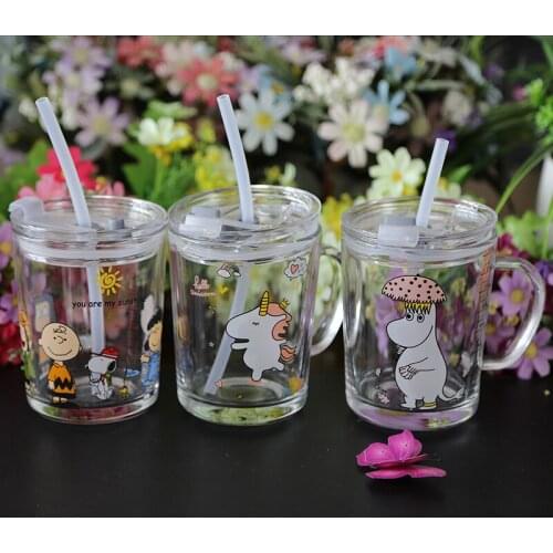 Breakfast Milk Straw Glass Creative Thick Hot Water Transparent Belt Put All The Cartoon Cup with Lid on The Bottom of Your Eyes