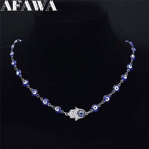 Turkey Eye Hamsa Hand Stainless Steel Muslim Islam Necklace Women Silver Color Chain Necklaces Jewelry cadenas mujer N4885S02