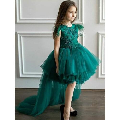 Green Puffy Tulle High-Low Flower Girl Dress For Wedding Beaded Lace Top Girls Birthday Dresses Party Gown