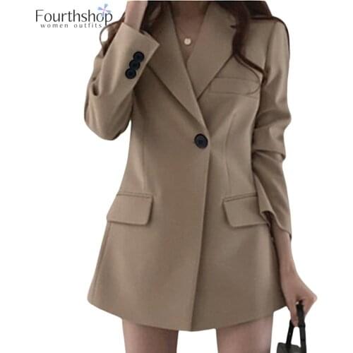 2021 New Notched Long Blazers Women Jacket Full Sleeve Khaki Black Color Suit Blazer Female Autumn Winter Coat Outwear Pockets