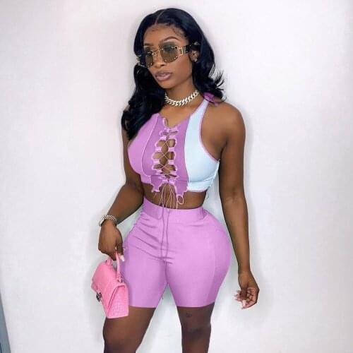 Two Piece Shorts Sets Women Outfits Sleeveless Lace Up Crop Tops And Shorts Outfits 2021 Summer Splice Hollow Sexy Clubwear Set