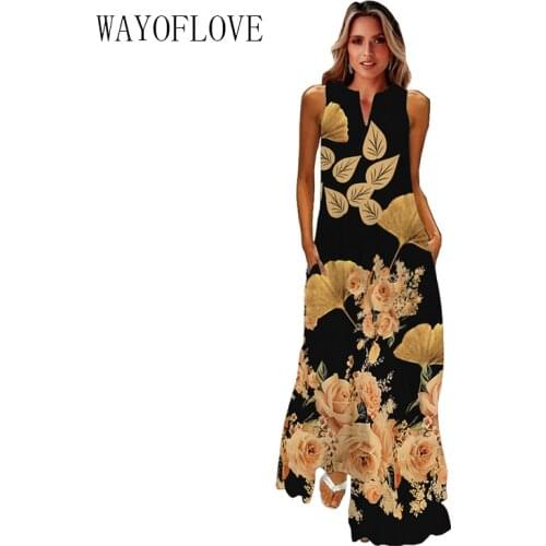 WAYOFLOVE Golden Rose Print Dress Women 2021 Elegant Casual Plus Size Long Dresses Summer Woman Sleeveless Girl Beach Maxi Dress