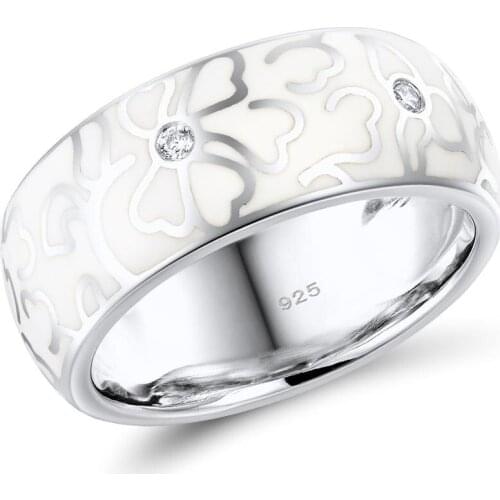 Women Delicate Vintage Silver Wedding Ring Smooth White Ceramic Enamel Flower Pattern Rings Engagement Party Jewelry Gift
