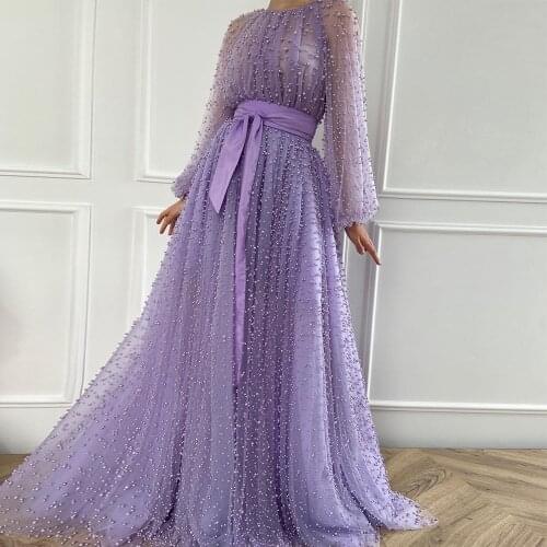 2020 New Listing Lilac Prom Dress Pearl Beading A-Line Transparent Long Evening Dresses Formal Gowns Plus Size robe de soiree