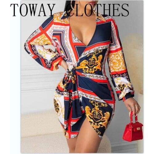 V-Neck Lantern Sleeve Tied Detail Scarf Print Dress Long Sleeve Sexy Party Dress for Women Dress 2021