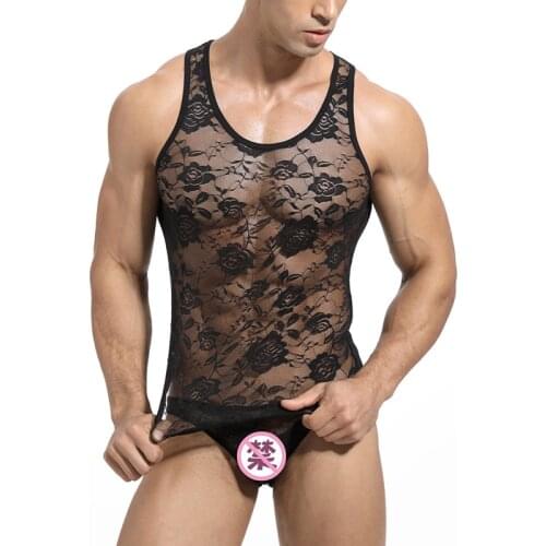 2021 Mens Casual Sexy Vest Lace Print Rose Breathable Vest Mesh Mens Gay Vest High Elastic Tight Sculpting