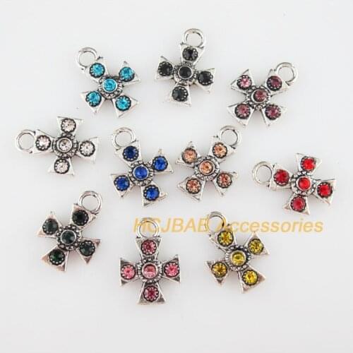 10Pcs Tibetan Silver Tone Retro Cross Mixed Crystal Charms Pendants 13x18mm